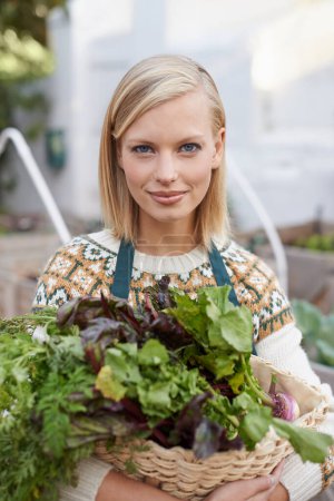 Photo for Gardening, vegetables and portrait of woman with plants for landscaping, planting flowers and growth. Agriculture, nature and face of person outdoors for environment, ecology and nursery in garden. - Royalty Free Image