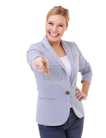 Photo for Happy, pointing and business woman in studio for calling, direction or choosing hand gesture. Smile, portrait and professional female person with decision expression isolated by white background - Royalty Free Image
