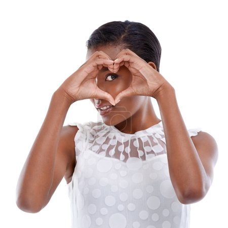 Photo for Heart, hands and black woman with sign for love or charity, wellness and support with emoji on white background. Icon, donation and romance gesture with shape, thank you or feedback with reaction. - Royalty Free Image