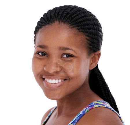 Photo for Woman, portrait and happy or confidence in studio with relax, good mood and positive attitude with braids hairstyle. African girl, person and face with smile, pride and wellness on white background. - Royalty Free Image