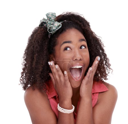 Photo for Excited, black woman and surprise for winning, good news or special prize on a white studio background. Face of happy or young African female person with smile in wow for alert, deal or amazing offer. - Royalty Free Image
