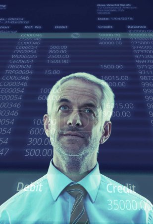Photo for Man, thinking and overlay of stock market or digital as finance data as hologram or futuristic, technology or numbers. Male person, exchange and 3d or analytics for trading, double exposure or online. - Royalty Free Image