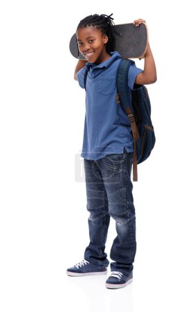 Photo for Portrait, skateboard and happy african boy in studio isolated on white background for sports or leisure. Kids, smile or training and confident young skater kid with board for fun or recreation. - Royalty Free Image