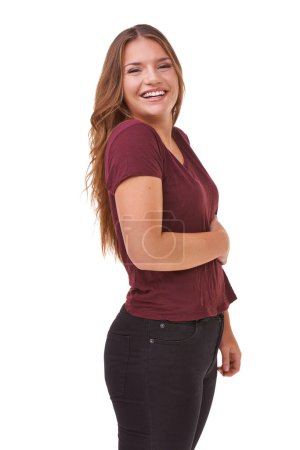 Photo for Style, confident and portrait of woman in studio with stylish, casual and trendy outfit and makeup. Happy, smile and beautiful female person with fashion and cosmetics isolated by white background - Royalty Free Image