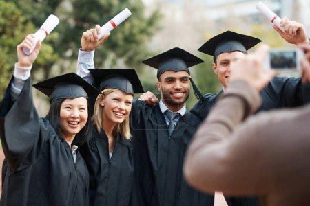 Photo for Photograph, graduation or students in college or university to celebrate school diploma or degree. Group picture, happy graduate friends or proud women with education for goals, target or success. - Royalty Free Image