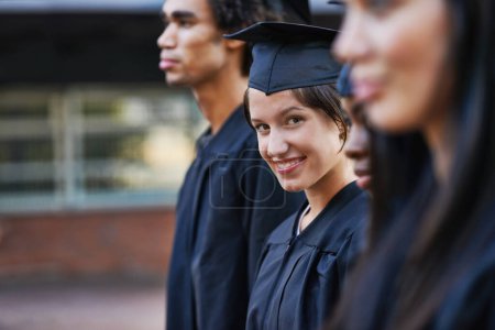 Photo for Woman, student and portrait at graduation, education and university success or achievement. Happy female person, smile and pride at outdoor ceremony, accomplishment and knowledge in qualification. - Royalty Free Image