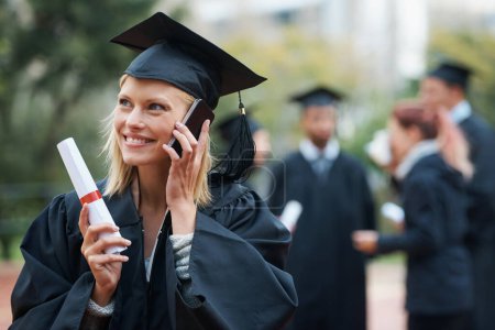 Photo for Phone call, student or happy woman in graduation on campus in university, school or college. Outdoor, education scholarship or excited graduate with mobile for talking, chatting or speaking of degree. - Royalty Free Image