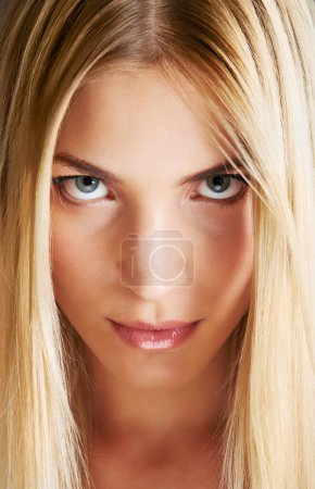 Photo for Beauty, hair and portrait of woman with serious face, straight hairstyle and salon care in closeup. Styling, cosmetics and confident blonde girl with haircare, healthy shine and keratin treatment - Royalty Free Image