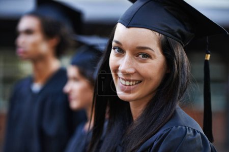 Photo for Woman, student and portrait at graduation, college and university success or achievement. Happy female person, smile and pride at outdoor ceremony, higher education and knowledge in qualification. - Royalty Free Image