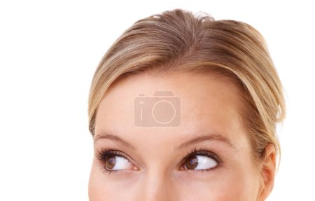 Photo for Closeup, eyes and woman with ideas, questions and decisions while planning, thinking and dreaming. Mockup, female person and vision with memories or dreams of future with white background in studio. - Royalty Free Image