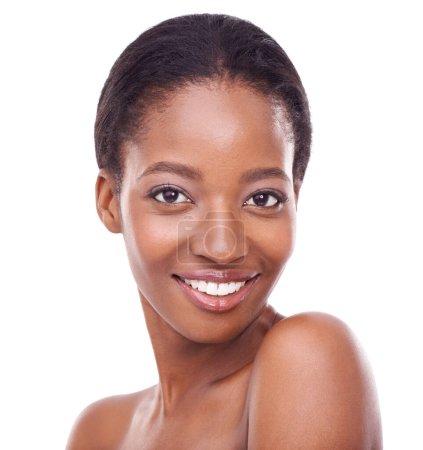 Photo for Closeup, skincare and black woman in white background with smile for glow, beauty and natural look with healthy skin. Happy, smooth and facial wellness for positive results, self care and cosmetics. - Royalty Free Image