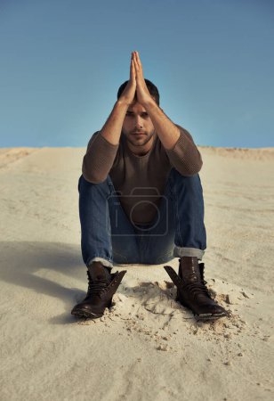 Photo for Sand, relax or portrait of man in the desert for travel in summer on holiday vacation. Outdoor, male person or model on ground or dunes with trendy fashion, cool style or wellness in nature trip. - Royalty Free Image