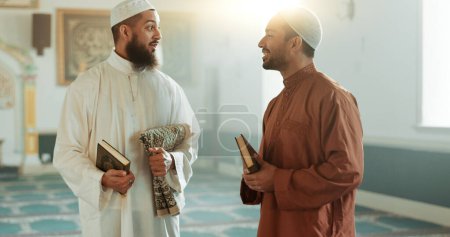 Photo for Islam, men and talking in mosque for religion advice, spirituality or learning Friday prayer to God. Muslim friends, people or community for culture, Eid Mubarak or praise Allah as revert and leader. - Royalty Free Image