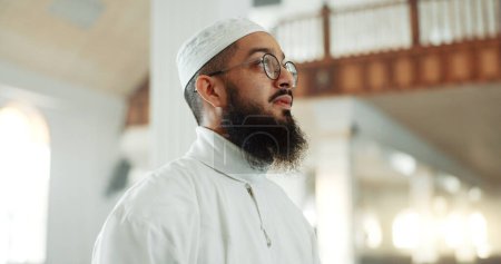 Photo for Man, thinking and mosque for islam religion, spirituality or Ramadan in holy temple for prayer to God. Muslim person for belief or culture, Eid Mubarak or praise with hope, travel and faith in Allah. - Royalty Free Image