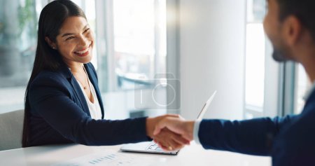 Photo for Business people, smile and handshake for deal, agreement and partnership negotiation in office. Shaking hands, contract and recruitment, hiring offer and b2b collaboration of consultant in meeting. - Royalty Free Image