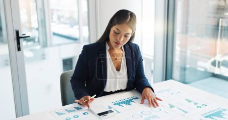 Photo for Business woman, calculator and documents of statistics, graphs or charts for revenue, profit and budget report. Professional auditor or accountant planning of numbers, data analysis and accounting. - Royalty Free Image