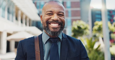 Photo for Smile, face and mature businessman in the city with positive, good and confident attitude. Happy, portrait and professional African male lawyer with legal career standing in urban town street - Royalty Free Image