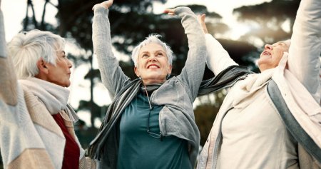 Photo for Fitness, park or senior women in huddle, training or exercise for wellness, solidarity or teamwork outdoors. Happy ladies, group success or elderly friends raising arms for workout support together. - Royalty Free Image