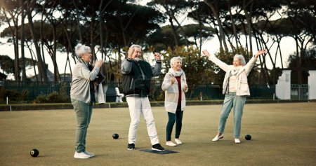 Photo for Bowls, applause and celebration with senior friends outdoor, cheering together during a game. Motivation, support or community and a group of elderly people cheering while having fun with a hobby. - Royalty Free Image