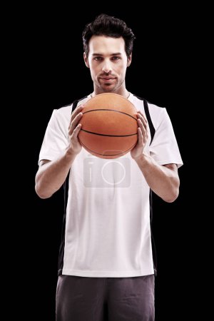 Photo for Basketball, portrait and fitness man with ball in studio for training, wellness or exercise challenge on black background. Workout, face and male athlete with handball, catch or performance match. - Royalty Free Image