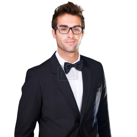 Photo for Studio portrait, fashion and confident man in tuxedo, formal evening wear or elegant outfit on white background. Suit, glasses and aesthetic model with classy outfit, fancy clothes and classic style. - Royalty Free Image