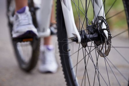 Photo for Person, bicycle and feet for fitness, road or adventure for speed, exercise and race on street in countryside. Athlete, bike and shoes for training, path and outdoor for challenge in Cape Town. - Royalty Free Image
