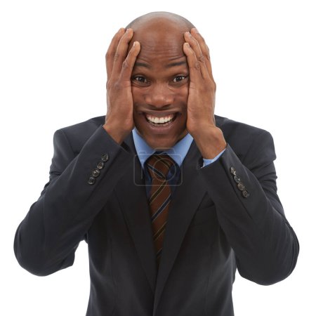 Photo for Frustrated businessman, portrait or stress in anxiety with facial expression on a white studio background. Face of black man or employee with mental disorder in anticipation, burnout or bipolar. - Royalty Free Image