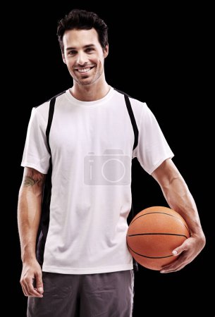 Photo for Fitness, basketball and portrait of happy man with ball in studio for training, wellness or fun hobby on black background. Sports, face and male athlete with handball match, workout or performance. - Royalty Free Image