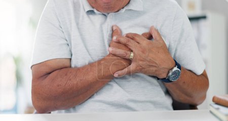 Photo for Hands, chest pain and heart attack, old person and cardiovascular health with emergency and angina. Heartburn, hypertension or lung disease, sick with asthma or stroke in medical crisis from stress. - Royalty Free Image
