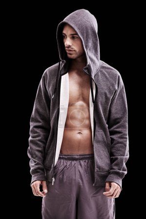 Photo for Fitness, body or fashion for thinking man in studio with hoodie for sporty, style or clothes choice on black background. Jacket, chest or guy model with cool, gym or health outfit or confidence. - Royalty Free Image