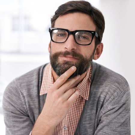 Photo for Thinking, portrait and business man with glasses in office for thoughtful, brainstorming or planning. Why, questions or male entrepreneur with solution, problem solving or curious with how to gesture. - Royalty Free Image