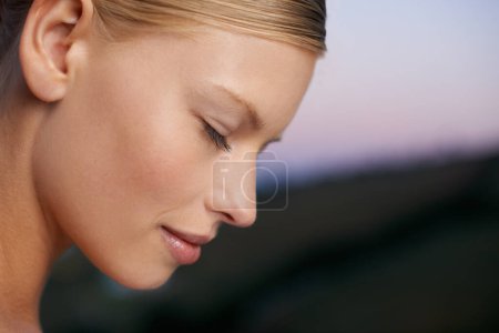 Photo for Natural beauty, eyes closed or woman outdoor for spa facial treatment, health or wellness. Face, relax or young person at salon in profile for skincare, cosmetics and luxury therapy for peace or calm. - Royalty Free Image
