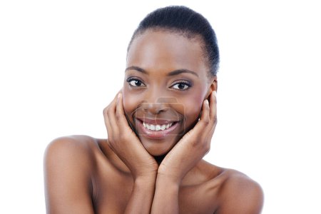 Photo for Skincare, smile or hands on face of black woman in studio for wellness or glowing skin on white background. Natural, beauty or portrait of happy female model with dermatology, shine or cosmetic space. - Royalty Free Image