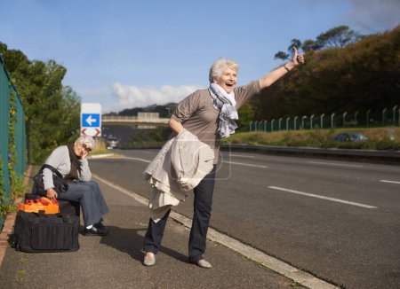 Photo for Travel, highway and senior friends hitchhiking together for adventure, escape or journey in retirement. Road, smile or happy and hand gesture with elderly women on sidewalk for holiday or vacation. - Royalty Free Image