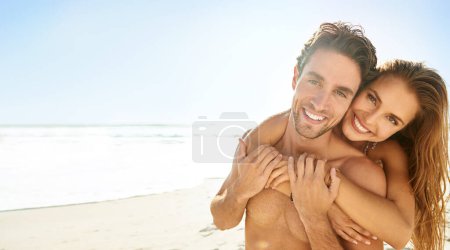 Photo for Sea, couple and hug portrait on holiday with love, care and support together with a smile. Vacation, travel and ocean with honeymoon, date and outdoor in summer with bonding with mockup space. - Royalty Free Image