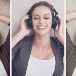 Woman, headphones and happy in collage, listening and music with peace, thinking or memory on floor. Person, above and smile with tech for sound, hearing and audio streaming subscription in home.