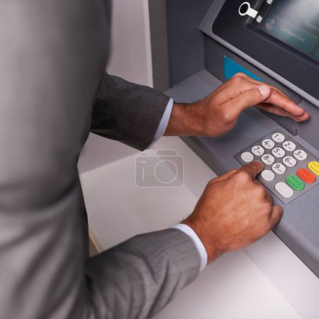 Photo for Businessman, hands and typing pin on ATM for banking, privacy or security at money machine. Closeup of man entering digit or secret code for cash withdrawal, deposit or finance at electronic system. - Royalty Free Image