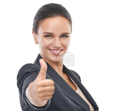 Photo for Businesswoman, thumbs up and approval in studio portrait, winner and satisfaction on white background. Female person, thank you and agreement or support, yes and like emoji for motivation or review. - Royalty Free Image