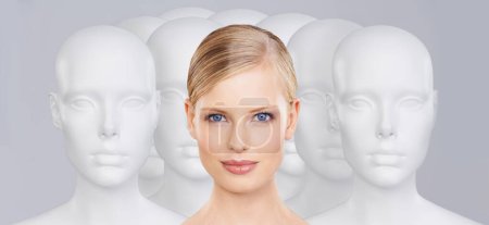 Photo for Woman, mannequins and portrait for identity, beauty and individuality on studio background. Person, skincare and dummy with face for creativity and cosmetics or unique ideas for satisfaction and skin. - Royalty Free Image
