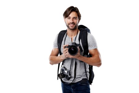 Photo for Photographer, portrait and backpack with camera in studio for career, behind the scenes and happy. Photography, person or smile with equipment, mockup space or shooting gear for photoshoot or passion. - Royalty Free Image