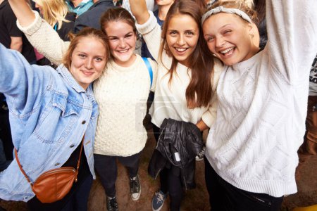 Photo for Portrait, women and excited for a festival, friends and happiness on weekend break or summer. People, girls or group with joy or celebration for event or party with smile or bonding together with fun. - Royalty Free Image