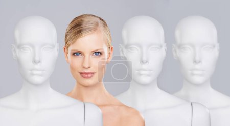 Photo for Woman, mannequins and portrait for identity, skincare and individuality on studio background. Person, beauty and dummy with face for creativity and cosmetics or unique ideas for satisfaction and skin. - Royalty Free Image