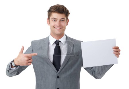 Photo for Portrait, business and man with a poster, pointing and employee isolated on a white studio background. Face, promotion or model with blank card and mockup space with feedback, review and announcement. - Royalty Free Image