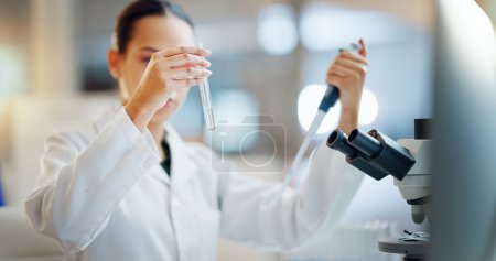 Photo for Science, results and woman with pipette, test tube and microscope for biotech solution in laboratory. Medical research, scientist or lab technician in study for healthcare, medicine or vaccine test - Royalty Free Image