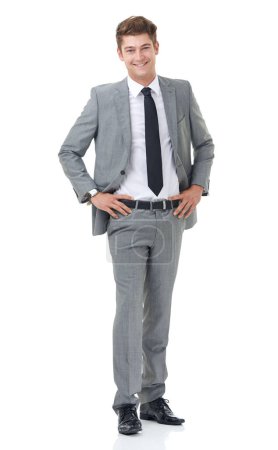 Photo for Confident, white background and portrait of business man with pride, happy and corporate style for work. Professional, fashion and isolated person smile for career, job and opportunity in studio. - Royalty Free Image