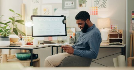 Photo for Business, office and black man with smartphone, typing and computer screen with graphic designer, social media and network. African person, employee or worker with a cellphone, mobile app or internet. - Royalty Free Image