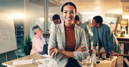 Photo for Face, business and woman with arms crossed, smile and career with teamwork, meeting or planning. Portrait, person or employee with cooperation, staff or professional with brainstorming in a workplace. - Royalty Free Image