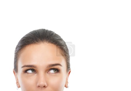 Photo for Woman, face and thinking of idea in decision, choice or brainstorming on a white studio background. Closeup of female person in wonder, thought or dream for opinion, vote or selection on mockup space. - Royalty Free Image