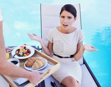 Photo for Woman, customer and angry with food service, frustrated and poor quality with complain and review. Client, swimming pool and lady upset with meal or hospitality industry with wrong order or feedback. - Royalty Free Image