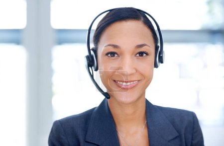 Photo for Businesswoman, headset and operator in portrait, customer service and crm in office. Happy person, call centre representative and technical support or networking, hotline and consultant in workplace. - Royalty Free Image